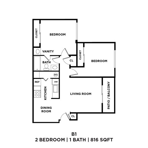 A black and white image of a floor plan for a 2 bedroom, 1 bathroom apartment.